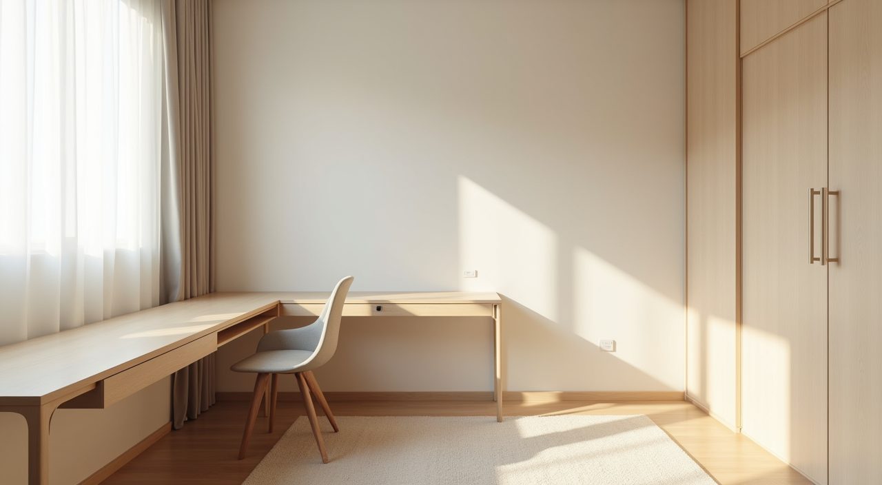 Minimalist Singapore study room with a warm neutral palette of off-white walls and light wood desk