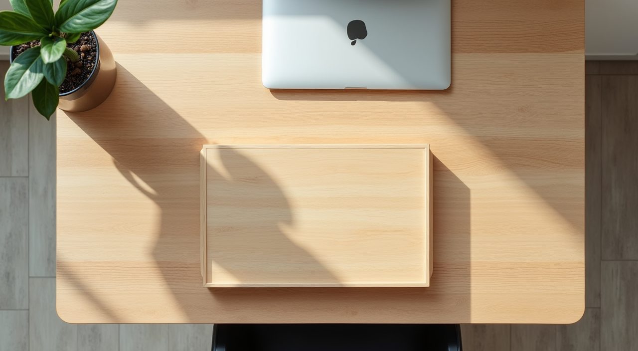 Overhead detail of a near-empty minimalist Singapore study desk with a tray and task lamp