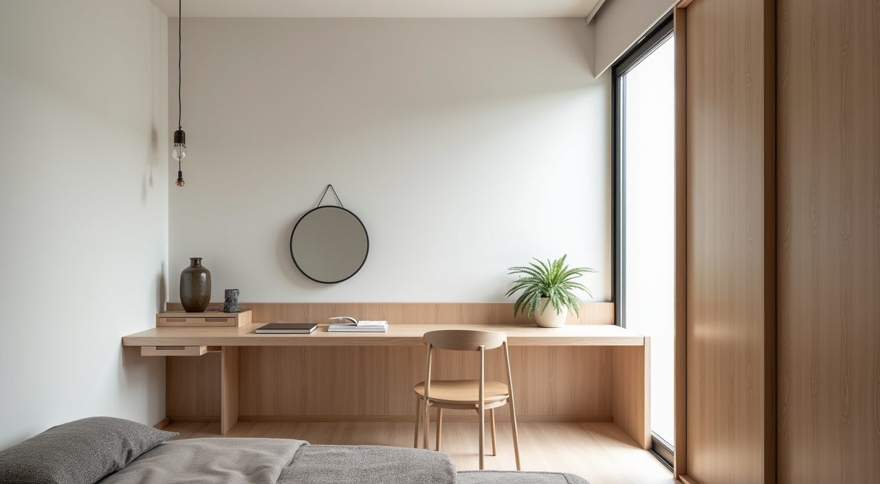 Minimalist Singapore study room with a built-in desk running under a window into a low console
