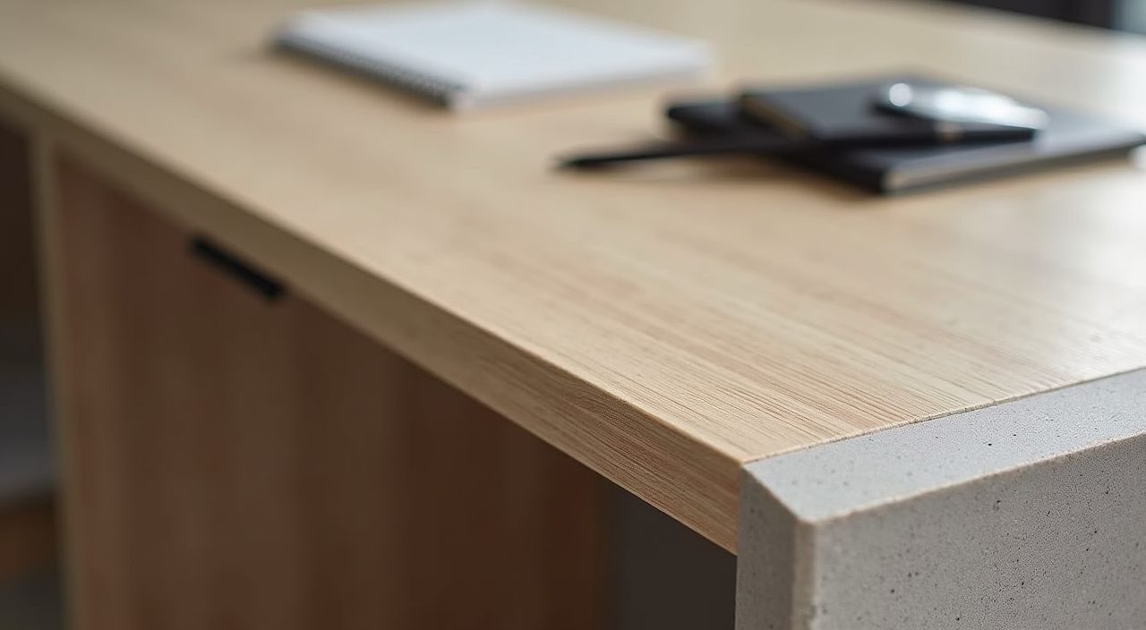 Close-up of matte wood-look laminate and sintered stone finishes in a minimalist Singapore study