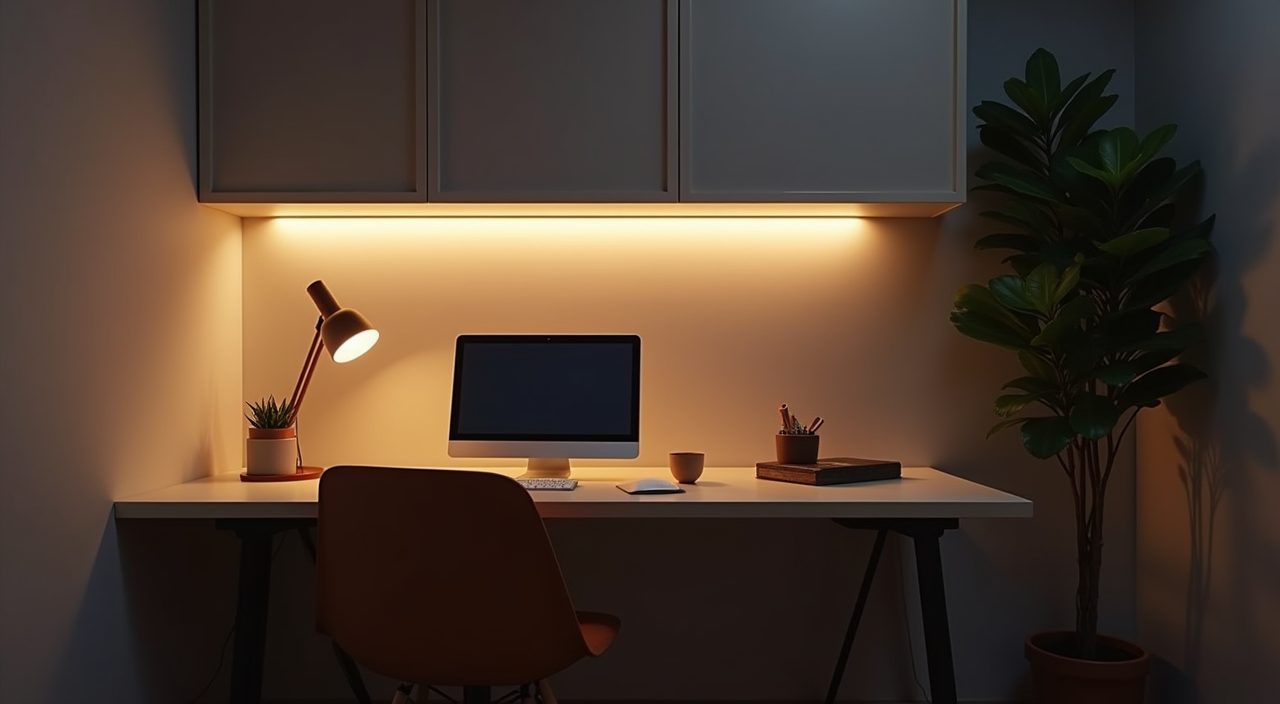 Minimalist Singapore study room showing layered ambient, task, and accent lighting in the evening