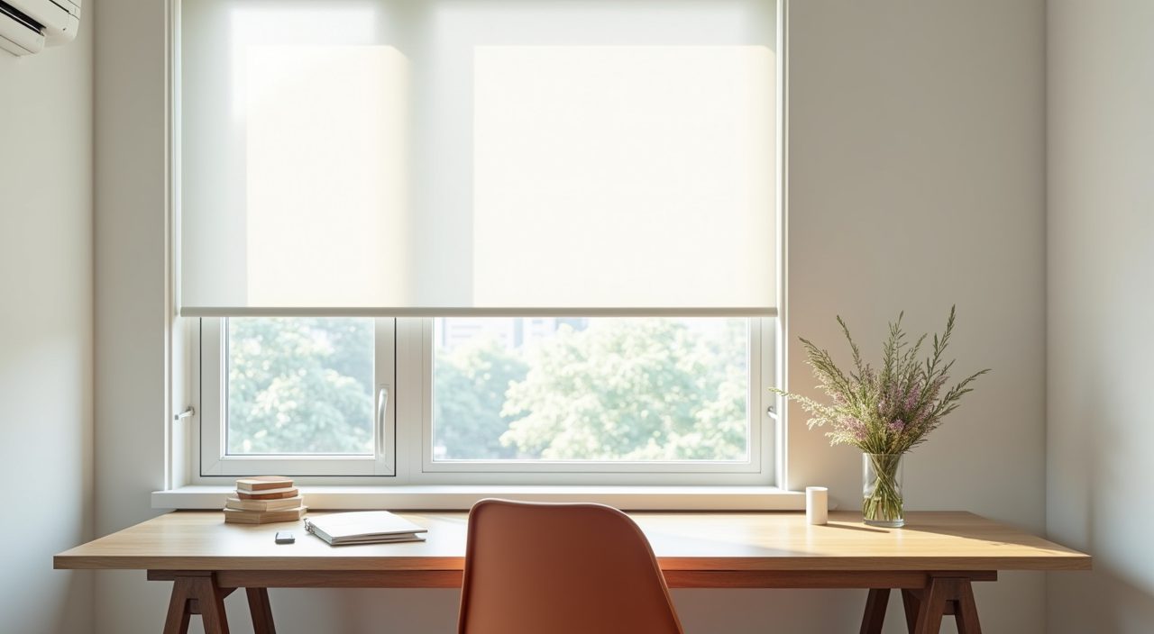 Minimalist Singapore study room desk placed beside a window with a roller blind managing glare