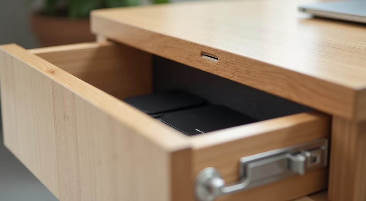 Close-up of a cable grommet and concealed power point in a minimalist Singapore study desk