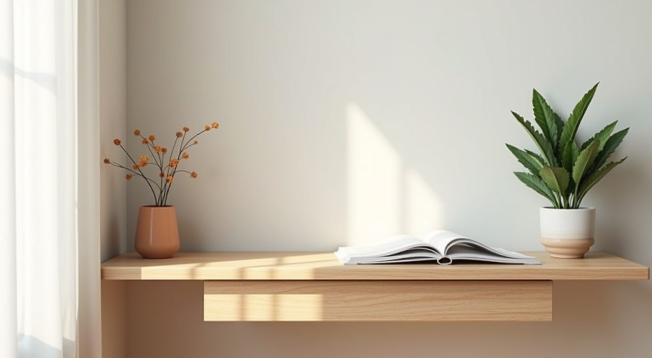 Minimalist Singapore study room corner nook with a floating shelf, plant, and warm accent object