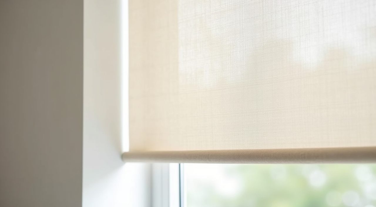 Close-up of a breathable linen roller blind fabric in a minimalist Singapore study room