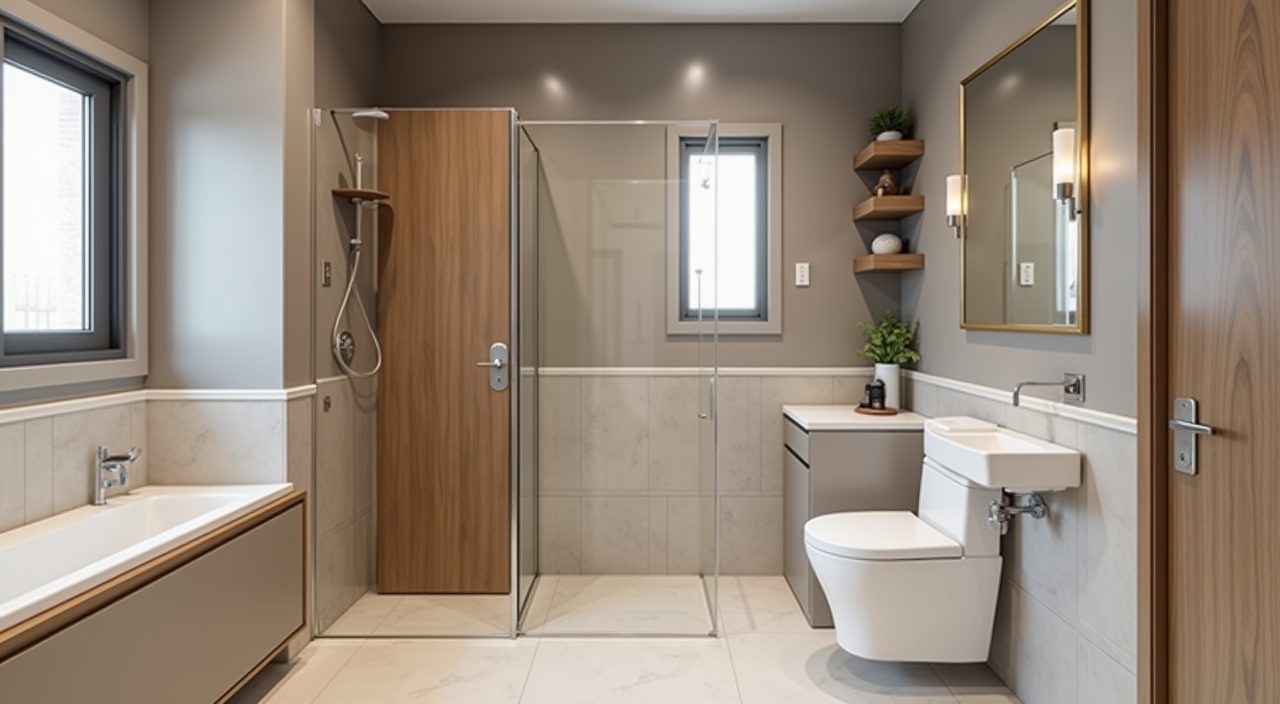 Modern contemporary Singapore bathroom in a warm greige and taupe neutral palette with smoky oak accent