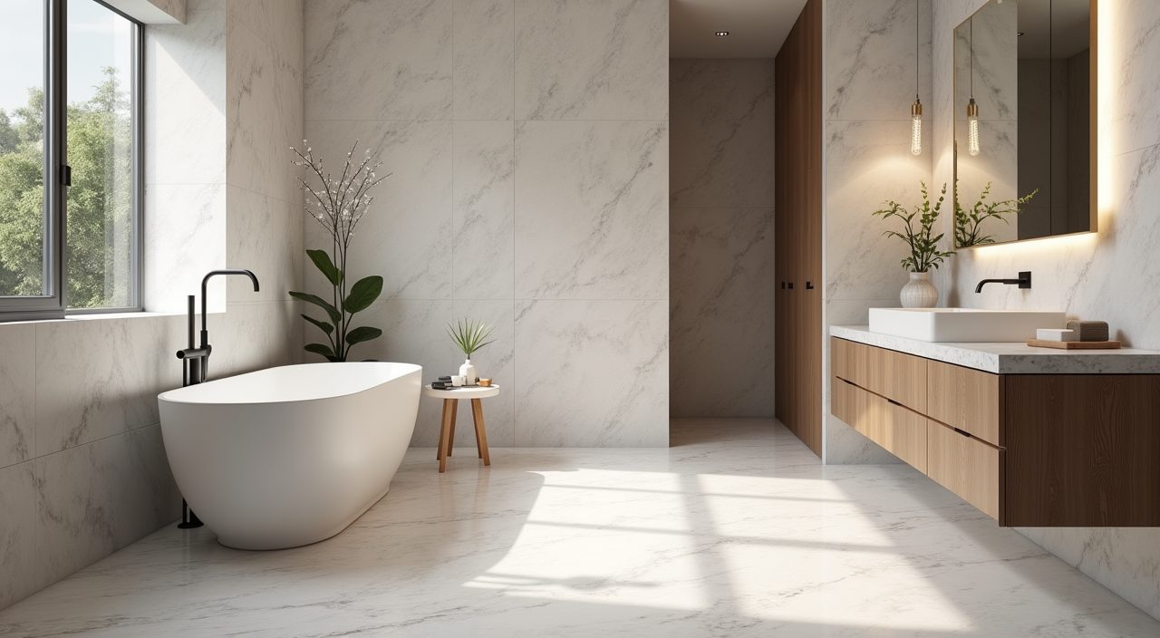 Modern contemporary Singapore bathroom clad in large-format marble-look porcelain tiles with minimal grout lines