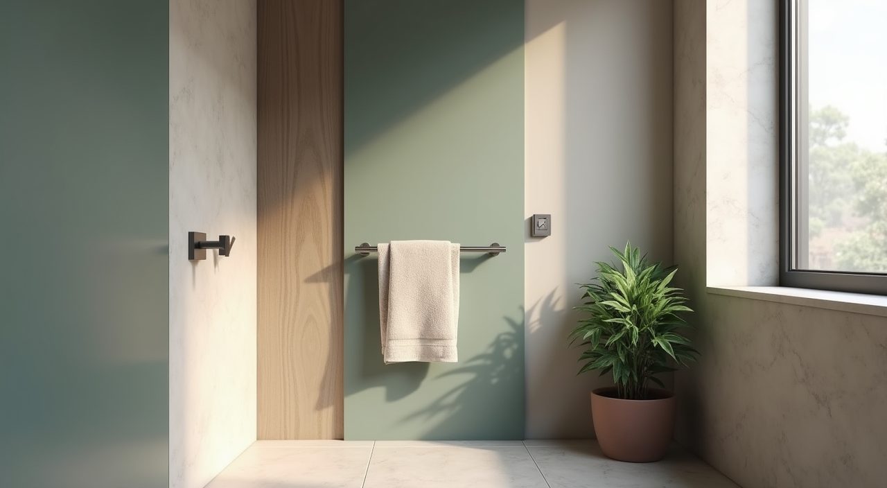 Corner nook with towel bar and soft sage feature wall in a modern contemporary Singapore bathroom