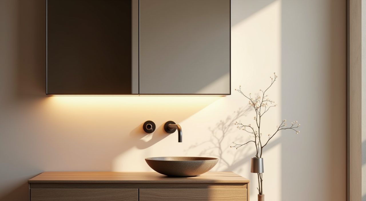 Mirror cabinet above a floating vanity in a modern contemporary Singapore bathroom