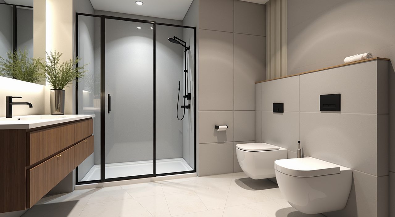 Modern contemporary Singapore bathroom with a slim black-framed glass screen splitting wet and dry zones