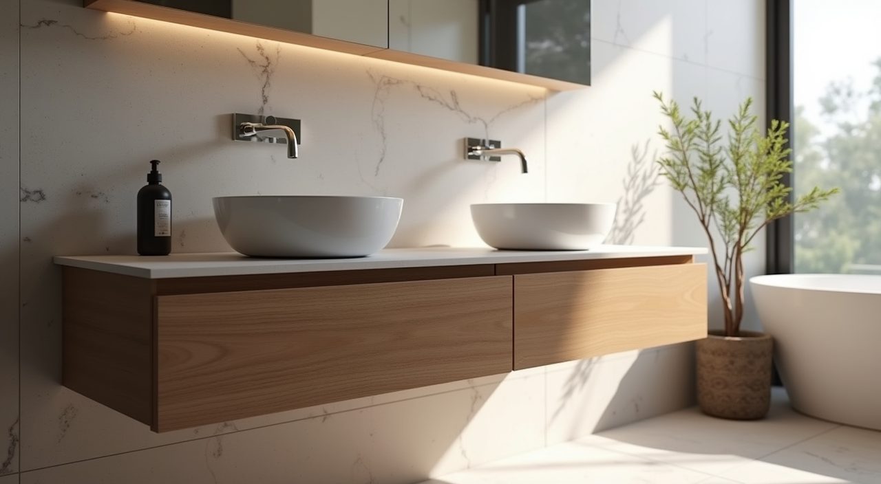 Wall-hung floating vanity with slim basin in a modern contemporary Singapore bathroom