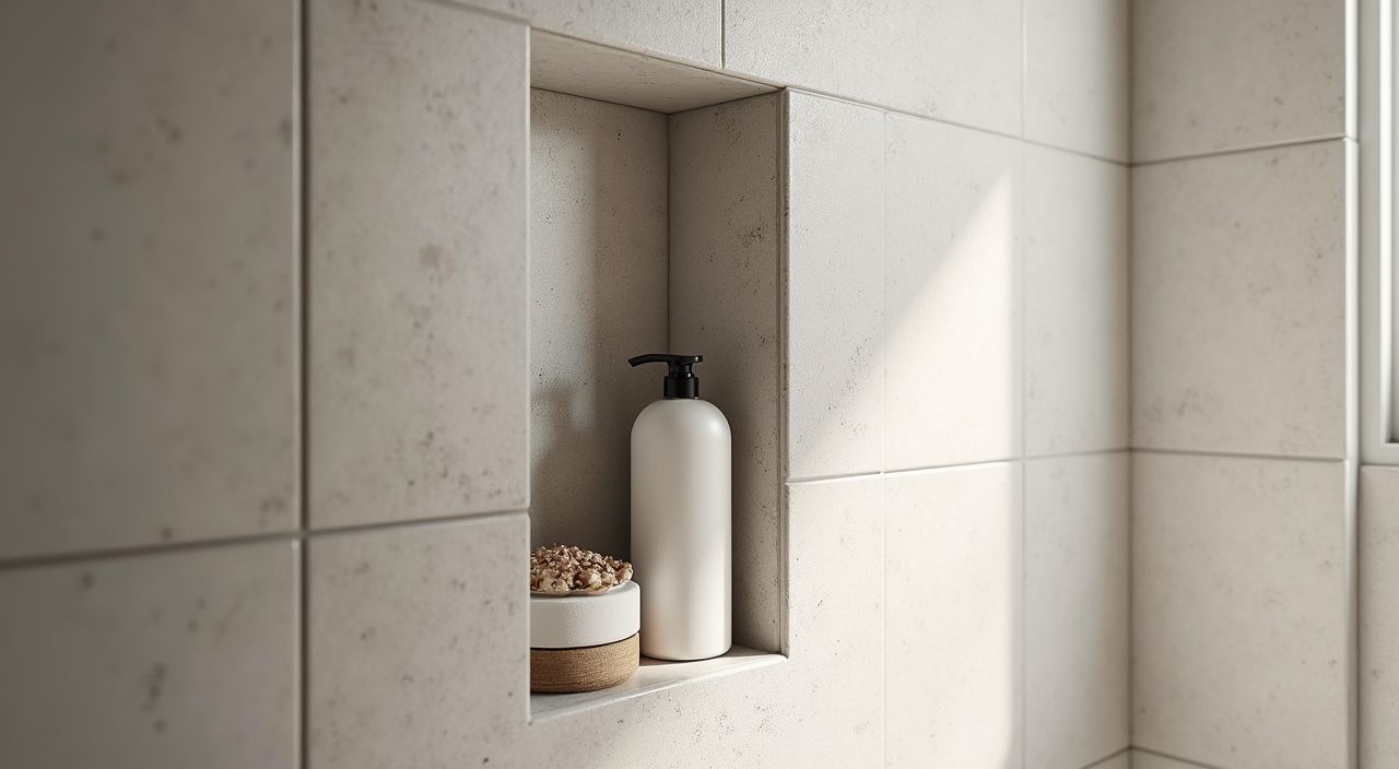 Recessed tiled shower niche matching the porcelain walls in a modern contemporary Singapore bathroom