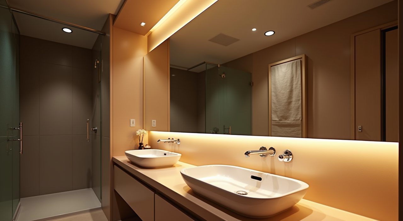 Layered warm-white mirror and under-vanity LED lighting in a modern contemporary Singapore bathroom