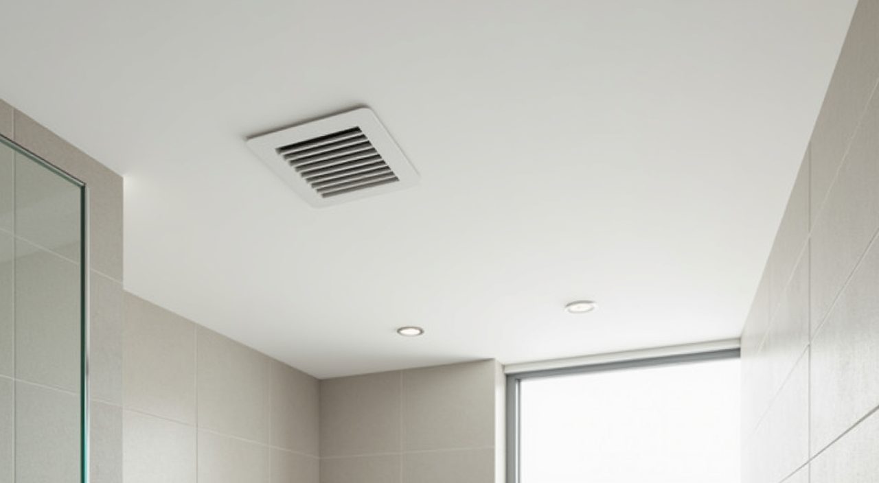 Ceiling exhaust fan vent and window for ventilation in a modern contemporary Singapore bathroom