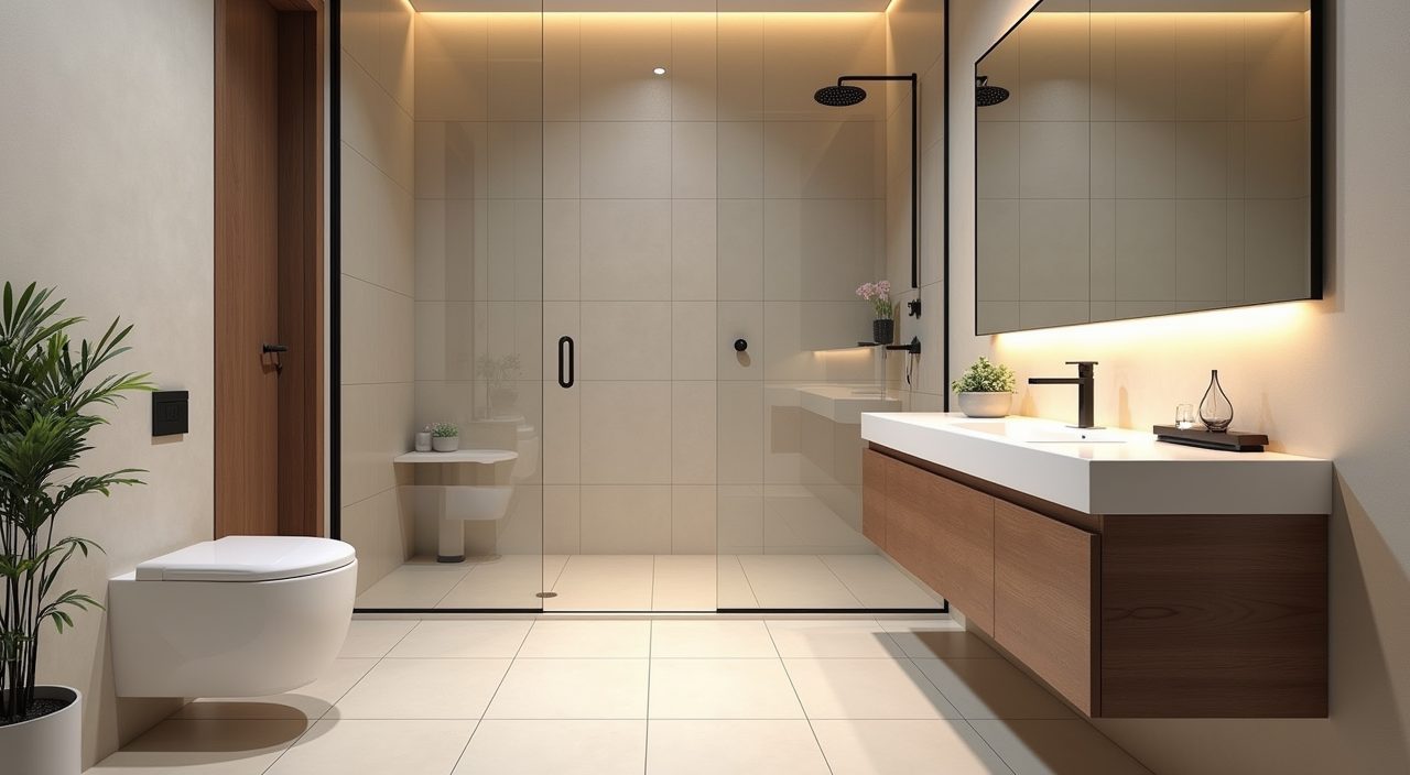 Wide view of a compact modern contemporary Singapore HDB master bathroom in warm neutral tones