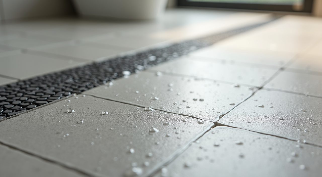 Matte textured mosaic shower floor with linear drain in a modern contemporary Singapore bathroom