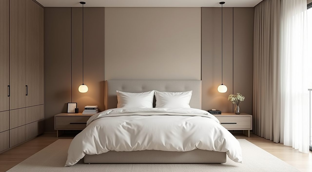 Modern contemporary Singapore bedroom in warm greige and taupe neutral palette