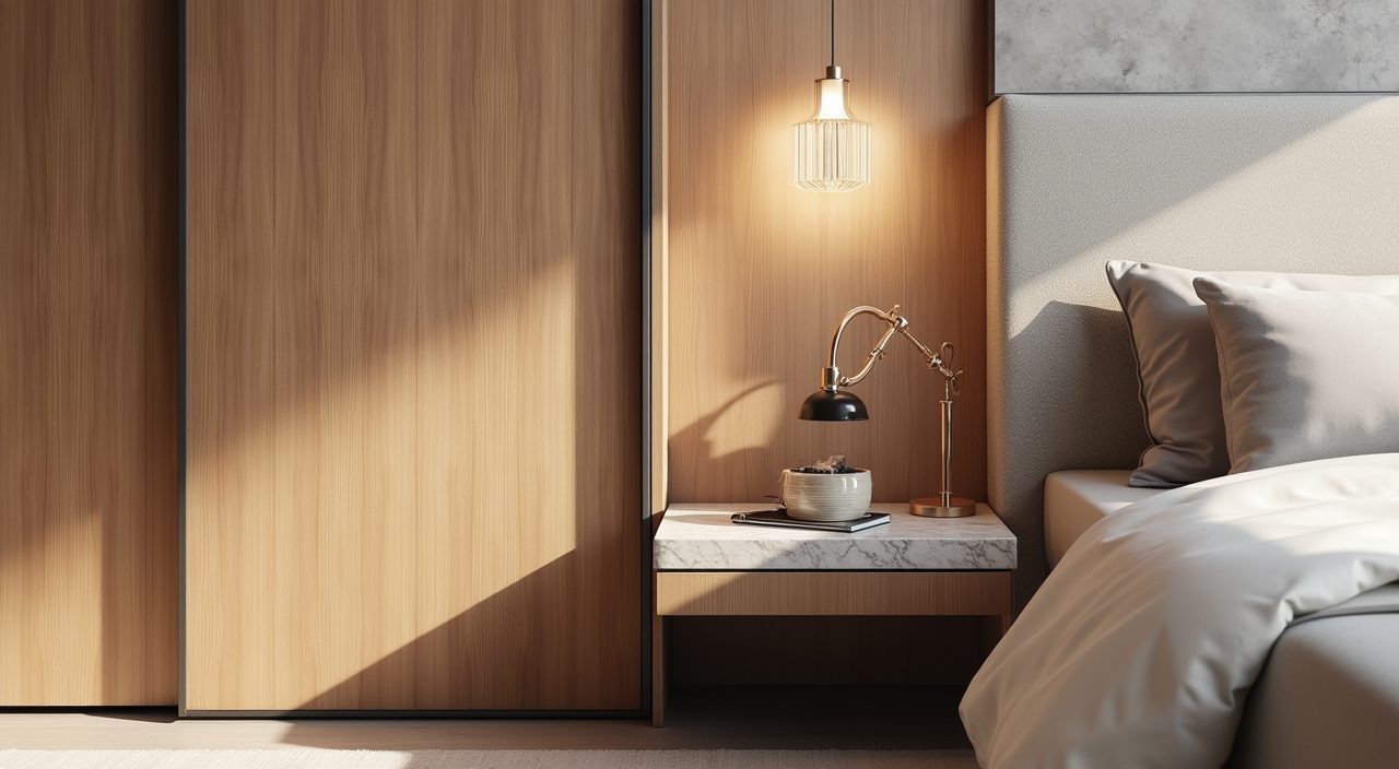 Close up of warm wood laminate, fluted panel and stone finishes in a contemporary Singapore bedroom