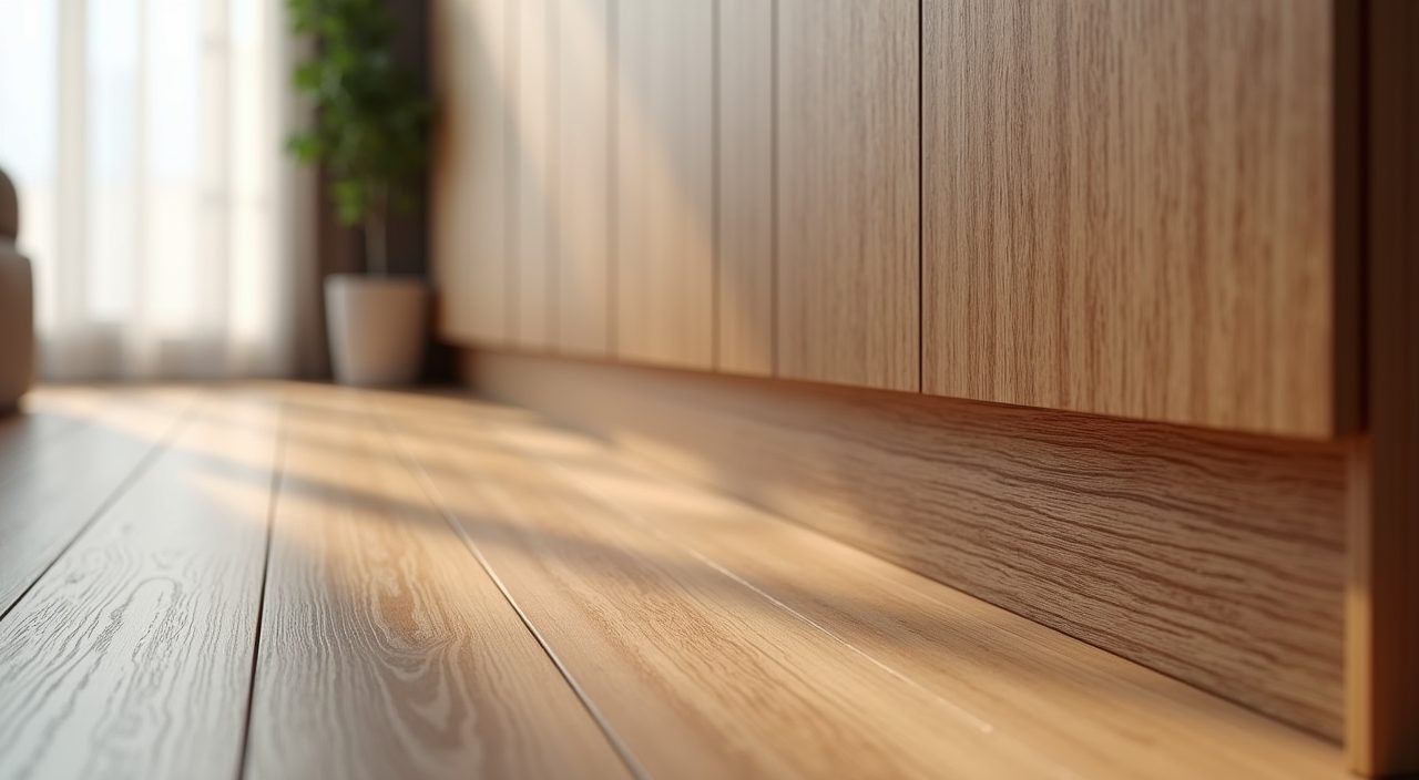 Detail of SPC vinyl plank flooring and wardrobe base in a modern contemporary Singapore bedroom