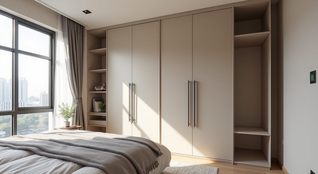 Full height built in floor to ceiling wardrobe in a modern contemporary Singapore bedroom