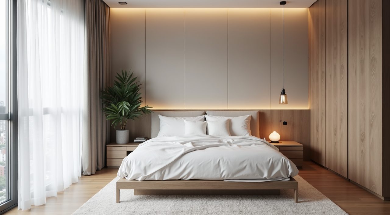 Simple modern contemporary Singapore bedroom layout with clear walking room and slim bedside shelf
