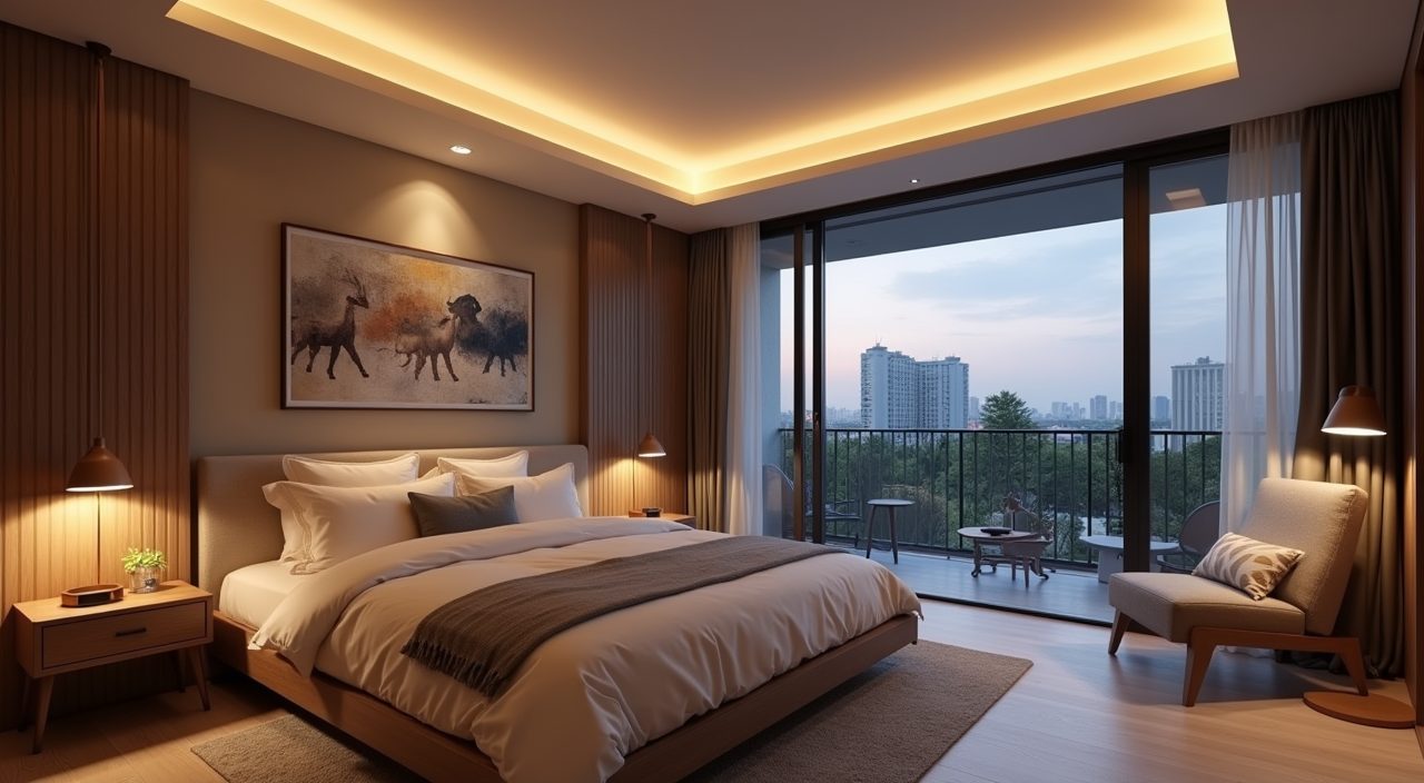 Layered warm lighting with cove strip and reading light in a contemporary Singapore bedroom