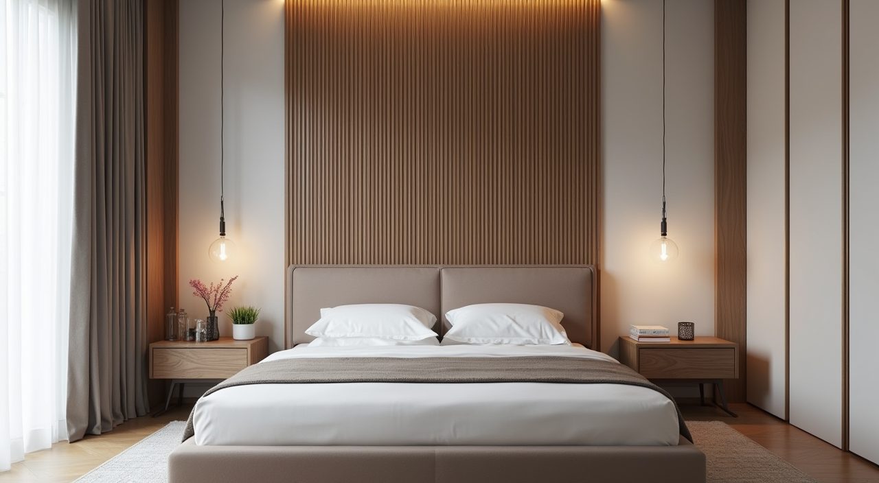 Fluted wood grain feature wall behind the bed in a modern contemporary Singapore bedroom