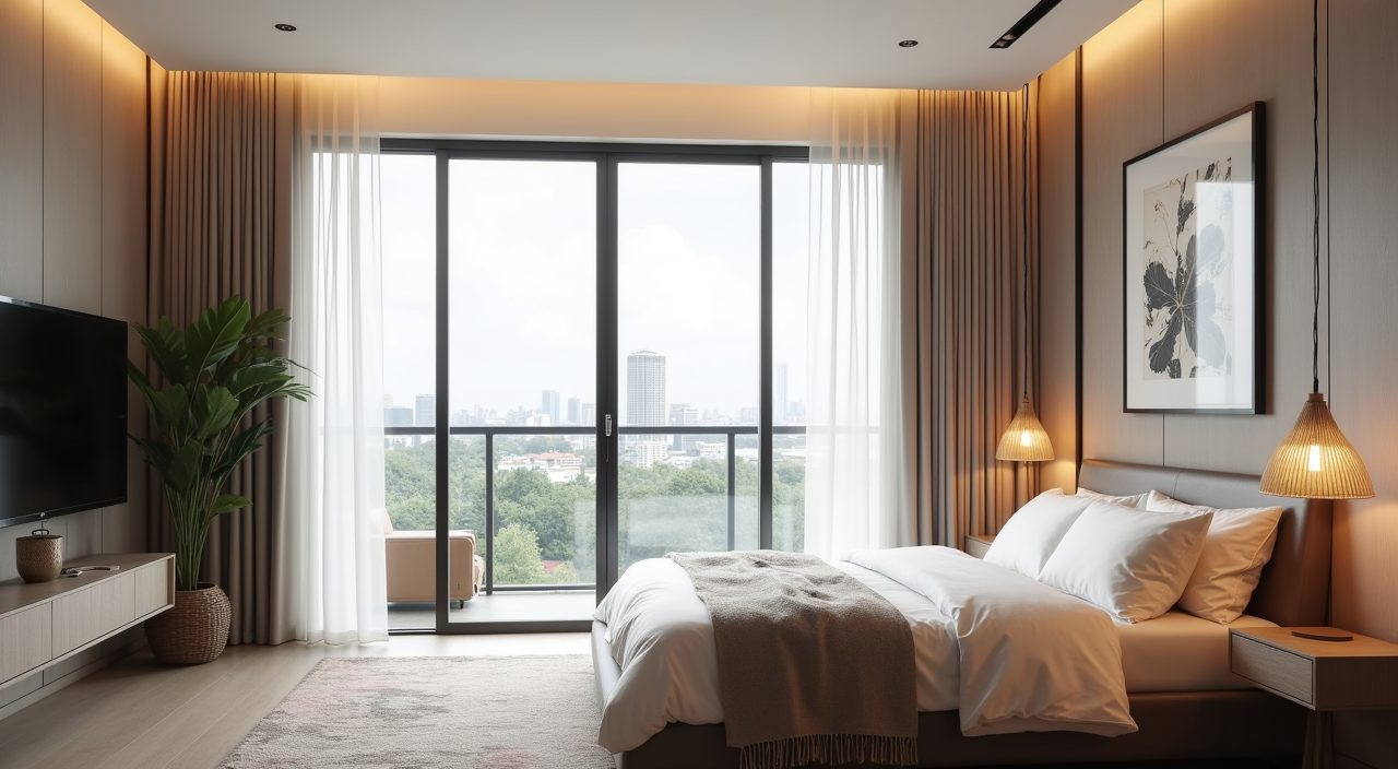 Ceiling height sheer and blackout curtains in a modern contemporary Singapore bedroom window