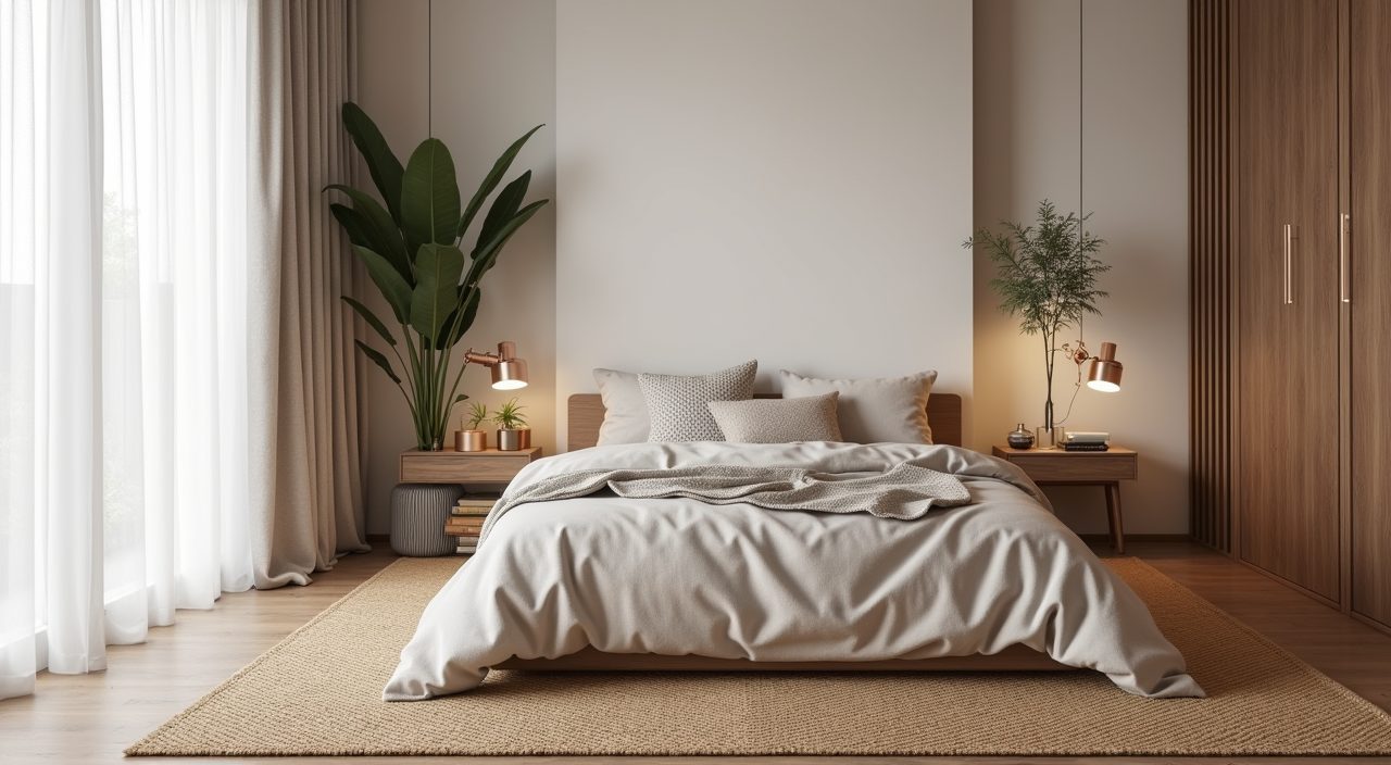 Warm styled modern contemporary Singapore bedroom with wool rug, linen bedding and a plant