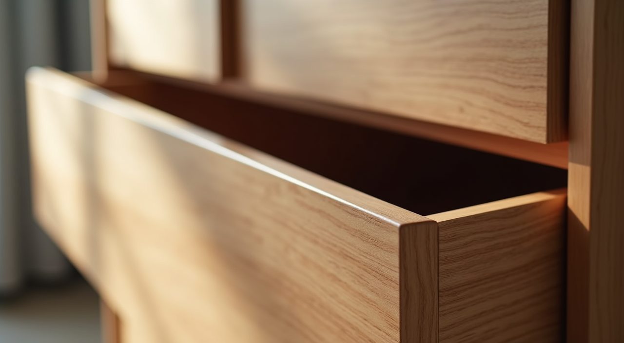 Detail of a handleless soft close wardrobe drawer in a modern contemporary Singapore bedroom