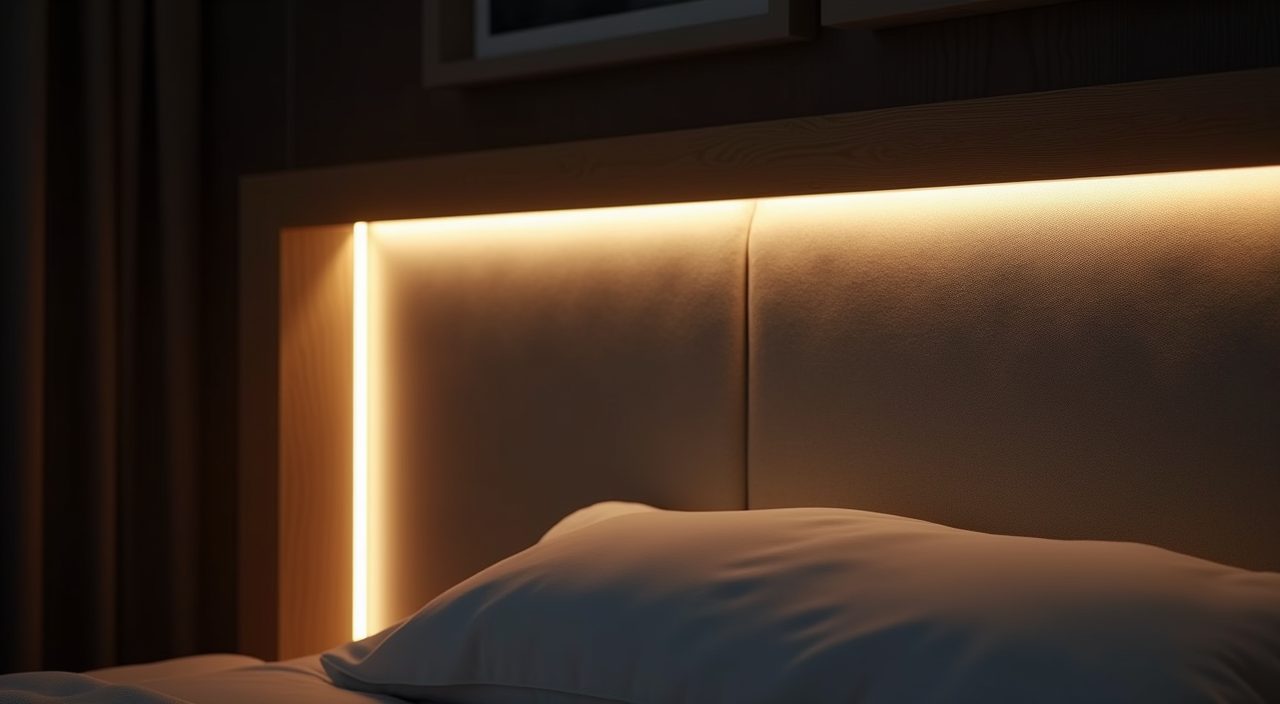 Concealed warm LED strip behind an upholstered headboard in a contemporary Singapore bedroom