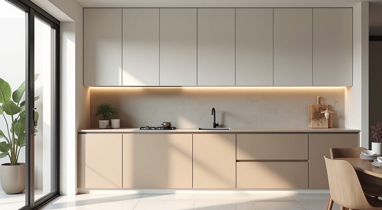 Modern contemporary Singapore HDB kitchen with light warm neutral off white and greige cabinets