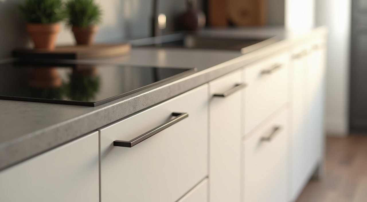 Modern contemporary Singapore kitchen handleless cabinet detail with J profile finger pull