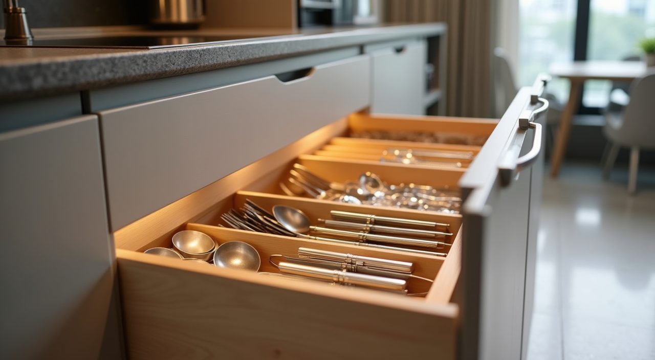 Modern contemporary Singapore HDB kitchen deep drawer storage detail with tiered organisers
