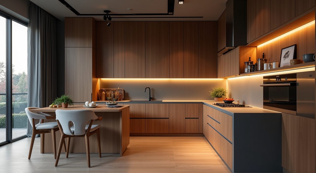 Modern contemporary Singapore condo galley kitchen mood shot at golden hour with warm timber accents