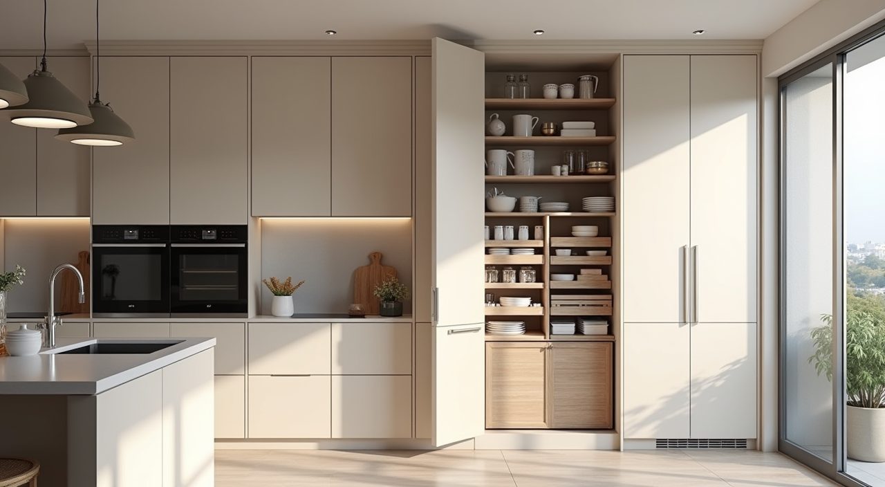 Modern contemporary Singapore HDB kitchen with floor to ceiling cabinets and pull out pantry storage