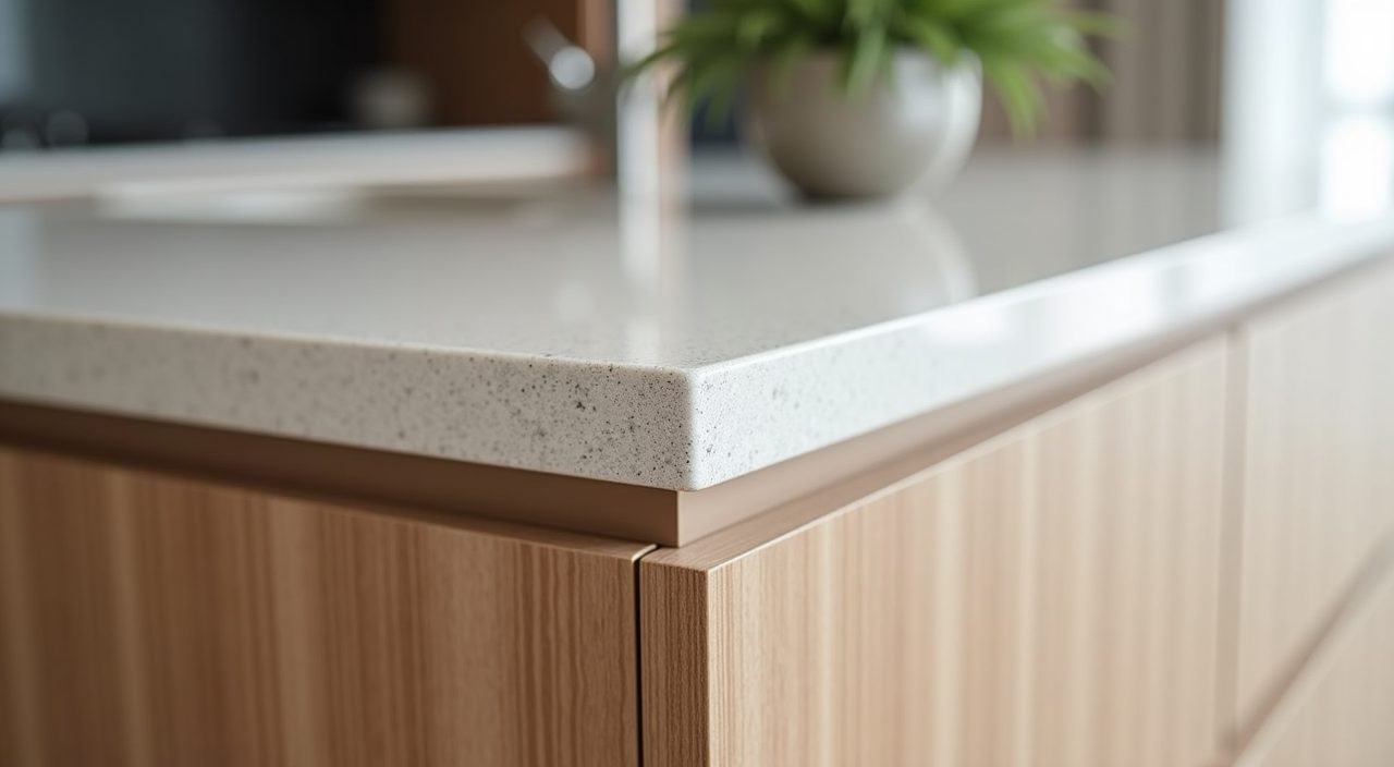 Modern contemporary Singapore kitchen countertop detail of quartz stone against wood grain laminate front
