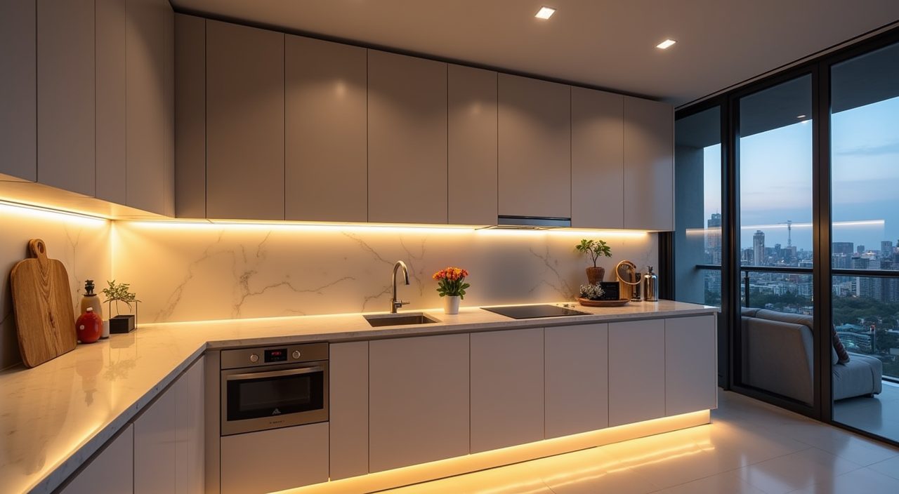 Modern contemporary Singapore kitchen under cabinet LED strip lighting over the worktop at dusk