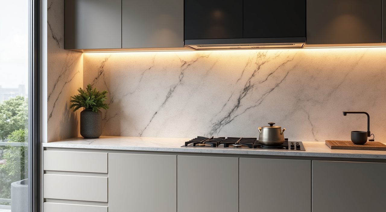 Modern contemporary Singapore kitchen seamless slab backsplash behind the hob