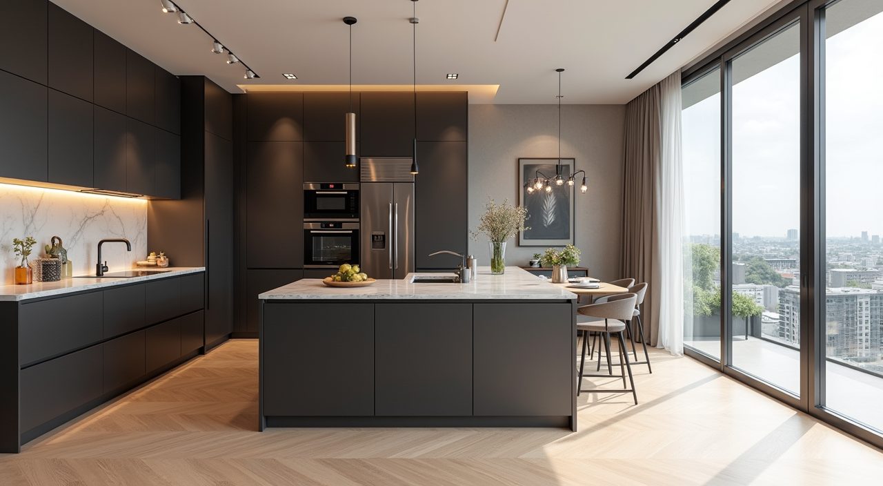 Modern contemporary Singapore condo kitchen island dividing the open plan living area