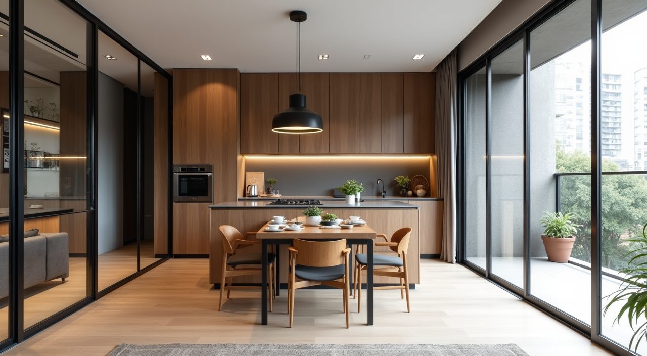 Modern contemporary Singapore kitchen with black framed glass sliding door for a semi open layout