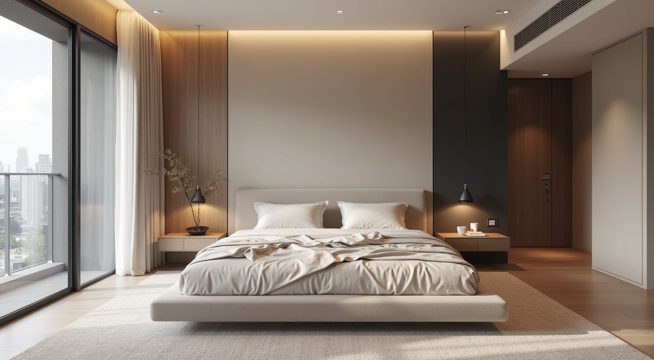Modern contemporary master bedroom in Singapore with warm greige and taupe neutral palette