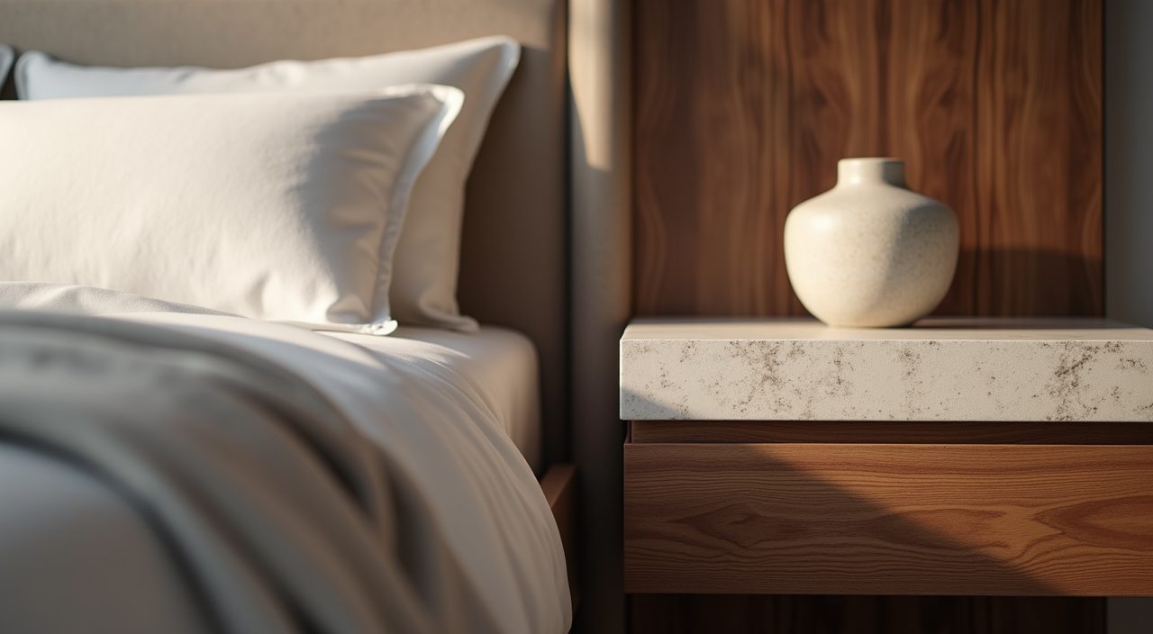Modern contemporary bedroom material detail with engineered walnut veneer and sintered stone ledge in Singapore
