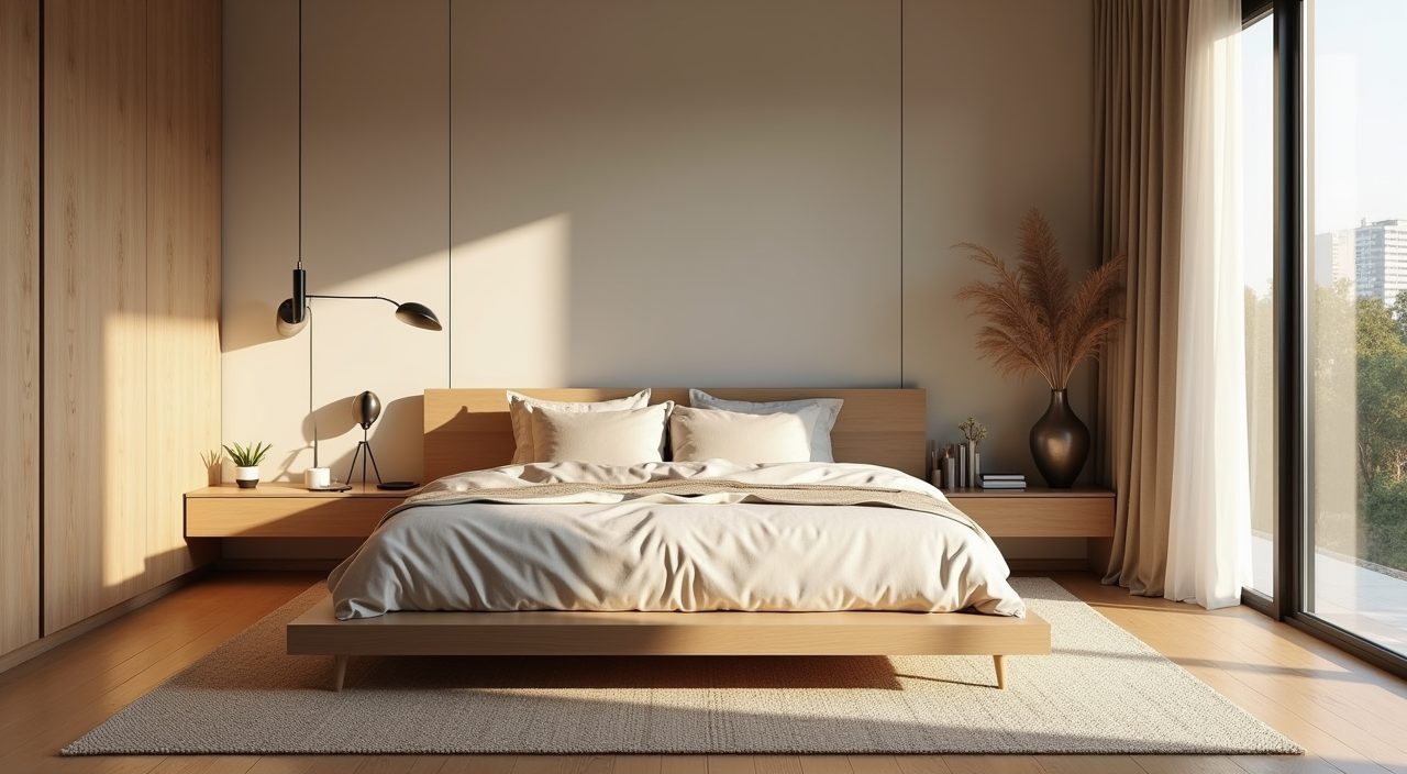 Modern contemporary master bedroom mood shot with linen bedding and cotton rug in Singapore