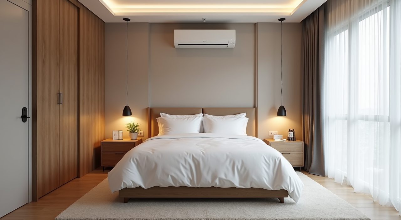 Modern contemporary master bedroom layout in Singapore HDB with centred queen bed and clear walkways