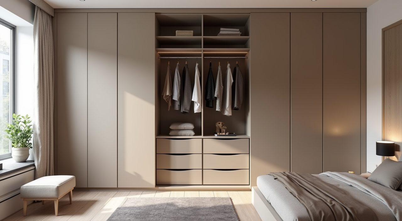 Modern contemporary floor to ceiling built-in wardrobe with matte handleless fronts in a Singapore master bedroom
