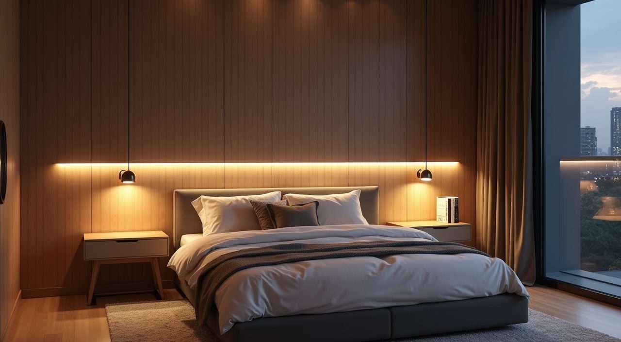 Modern contemporary master bedroom layered lighting with warm cove LED and wall bedside light in Singapore