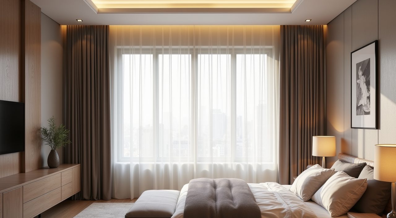 Modern contemporary master bedroom in Singapore with ceiling-height day-and-night curtains filtering tropical light