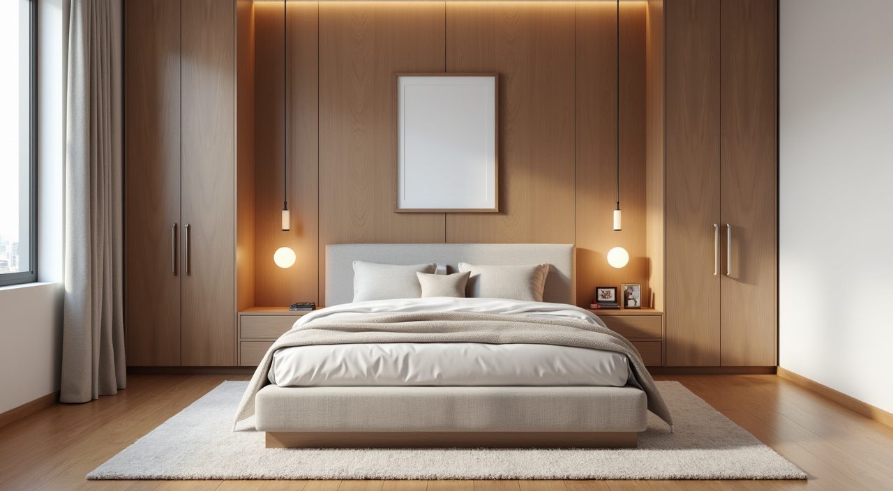 Modern contemporary master bedroom in Singapore with minimal finishes and continuous timber-look flooring