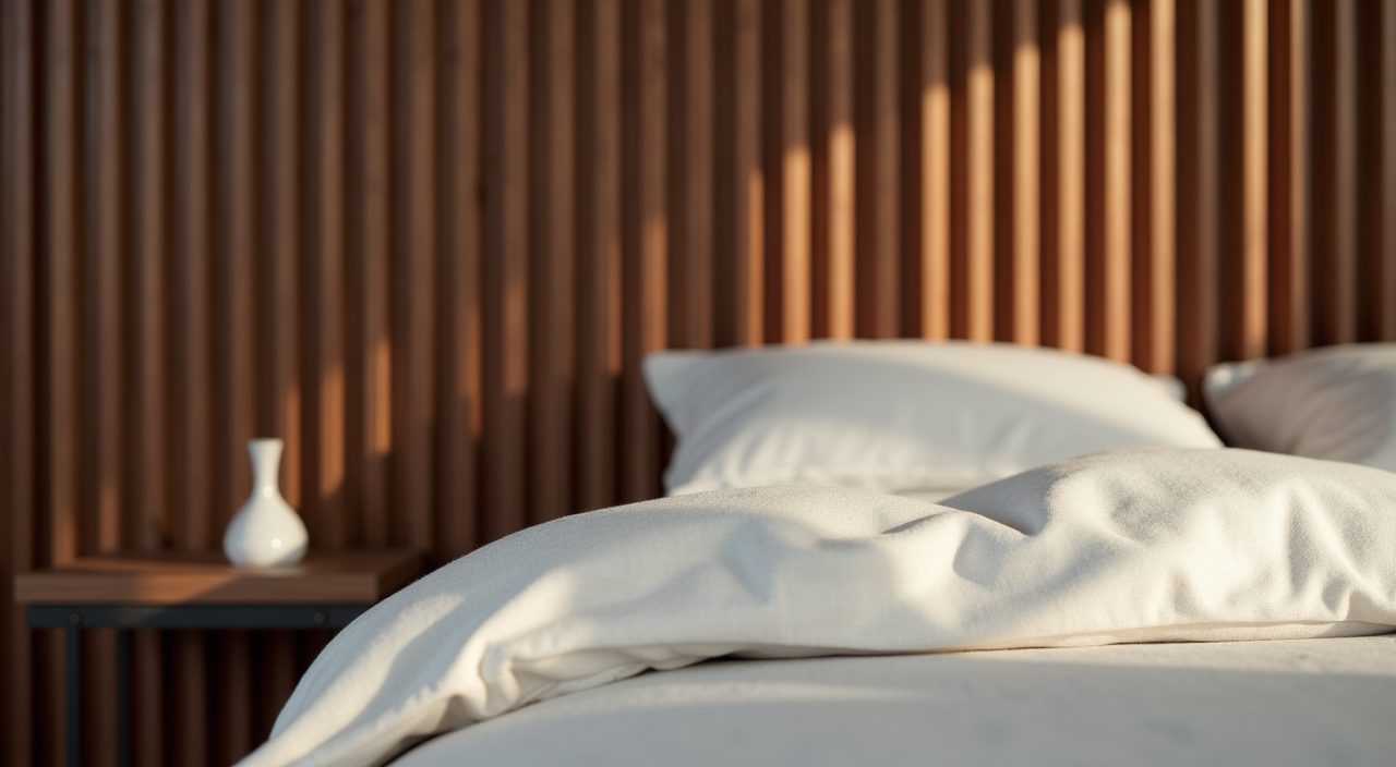 Modern contemporary fluted timber feature wall detail behind the bed in a Singapore master bedroom